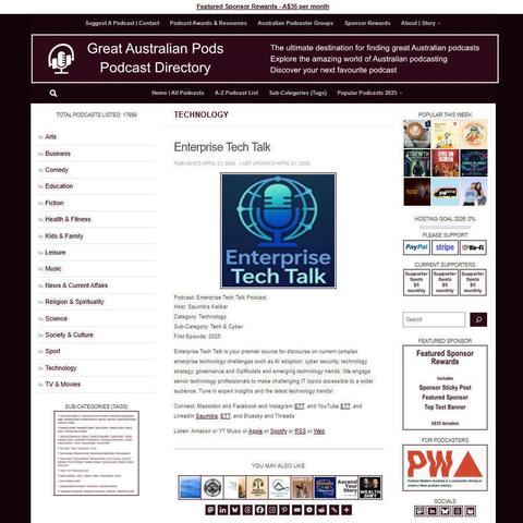 Enterprise Tech Talk Podcast   
Screenshot of the podcast listing on the Great Australian Pods website