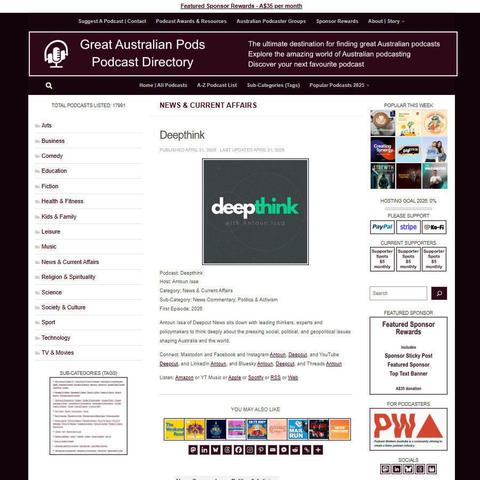 Deepthink   
Screenshot of the podcast listing on the Great Australian Pods website
