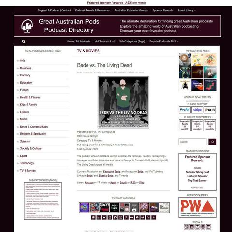 Bede Vs. The Living Dead   
Screenshot of the podcast listing on the Great Australian Pods website