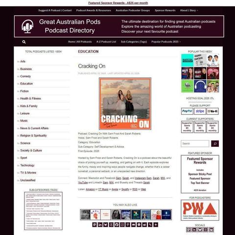 Cracking On With Sam Frost And Sarah Roberts   
Screenshot of the podcast listing on the Great Australian Pods website
