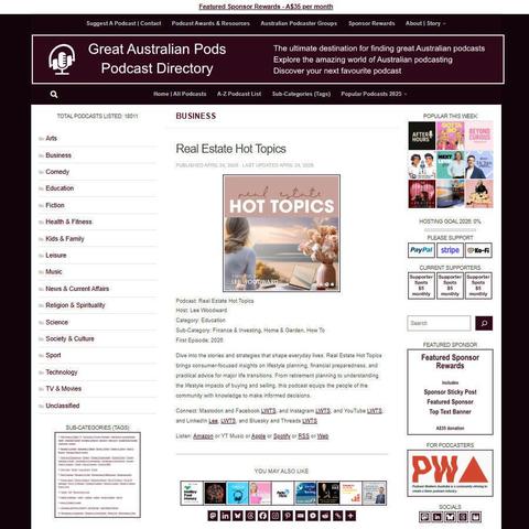Real Estate Hot Topics   
Screenshot of the podcast listing on the Great Australian Pods website