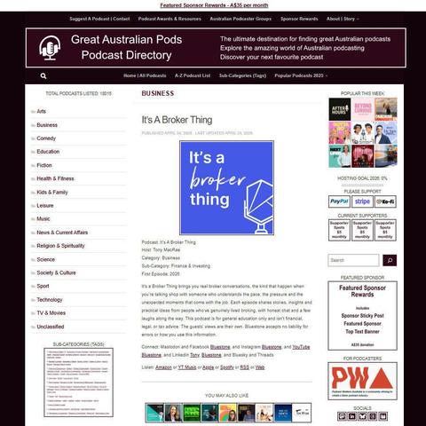 It's A Broker Thing   
Screenshot of the podcast listing on the Great Australian Pods website