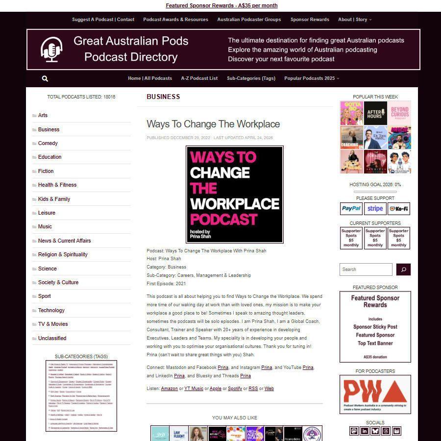 Ways To Change The Workplace With Prina Shah   
Screenshot of the podcast listing on the Great Australian Pods website
