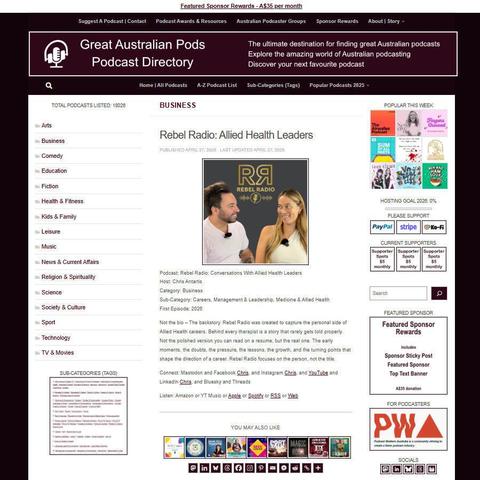 Rebel Radio: Conversations With Allied Health Leaders   
Screenshot of the podcast listing on the Great Australian Pods website