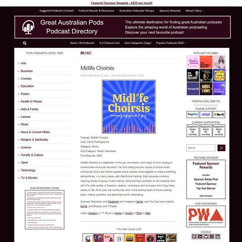Midlife Choirsis   
Screenshot of the podcast listing on the Great Australian Pods website