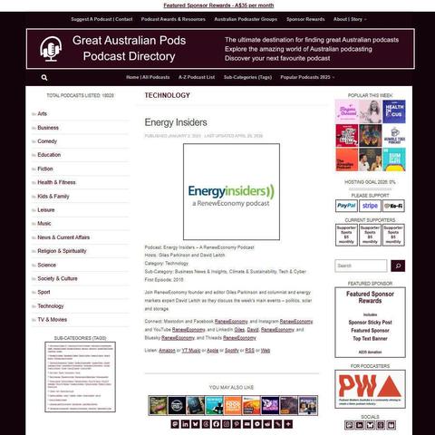Energy Insiders - A RenewEconomy Podcast   
Screenshot of the podcast listing on the Great Australian Pods website