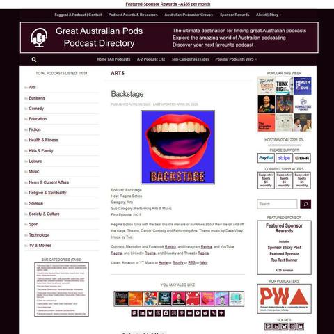 Backstage   
Screenshot of the podcast listing on the Great Australian Pods website