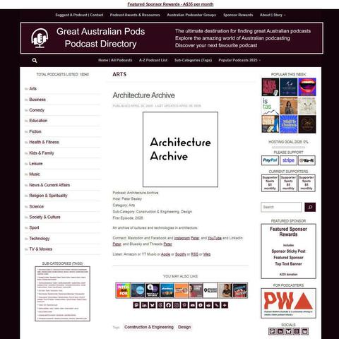 Architecture Archive   
Screenshot of the podcast listing on the Great Australian Pods website
