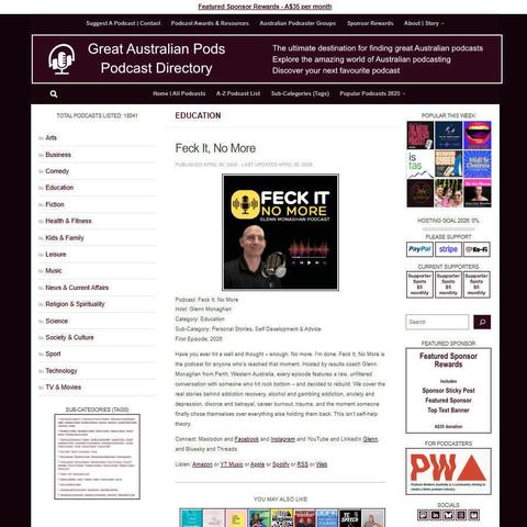 Feck It, No More   
Screenshot of the podcast listing on the Great Australian Pods website