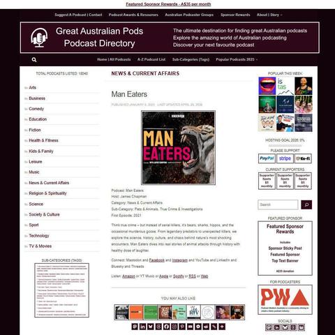 Man Eaters   
Screenshot of the podcast listing on the Great Australian Pods website