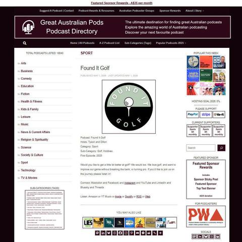 Found It Golf   
Screenshot of the podcast listing on the Great Australian Pods website