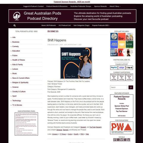 SHIFT Happens On The Frontline: Real Talk For Leaders   
Screenshot of the podcast listing on the Great Australian Pods website