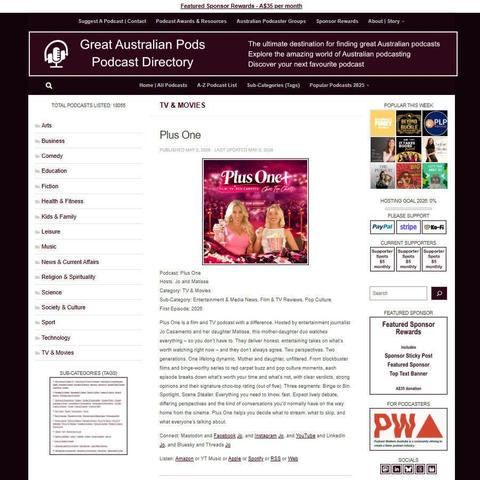 Plus One   
Screenshot of the podcast listing on the Great Australian Pods website