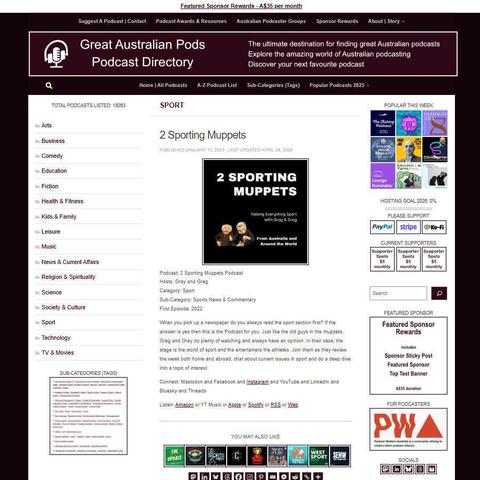 2 Sporting Muppets Podcast   
Screenshot of the podcast listing on the Great Australian Pods website