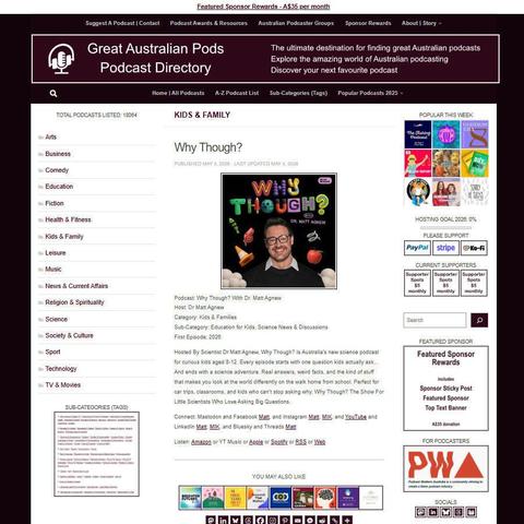 Why Though? With Dr. Matt Agnew   
Screenshot of the podcast listing on the Great Australian Pods website