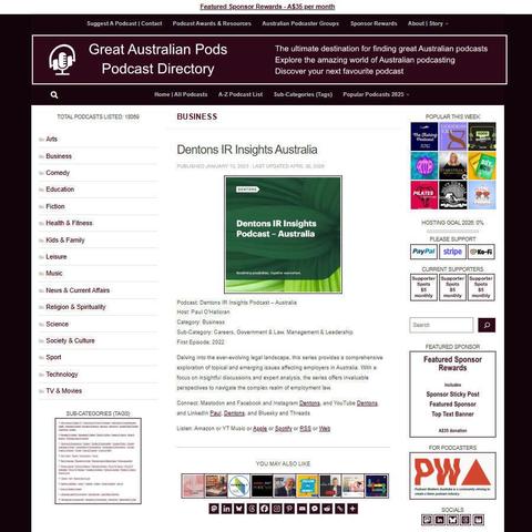 Dentons IR Insights Podcast – Australia    
Screenshot of the podcast listing on the Great Australian Pods website