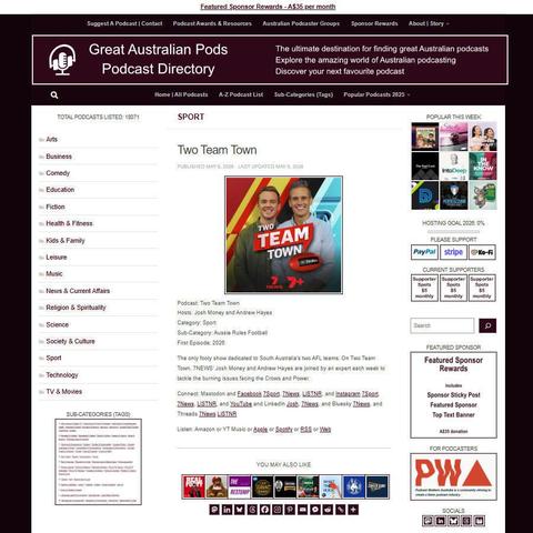 Two Team Town   
Screenshot of the podcast listing on the Great Australian Pods website