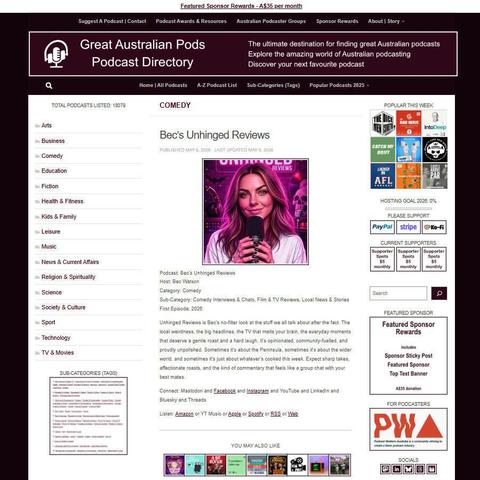 Bec's Unhinged Reviews   
Screenshot of the podcast listing on the Great Australian Pods website