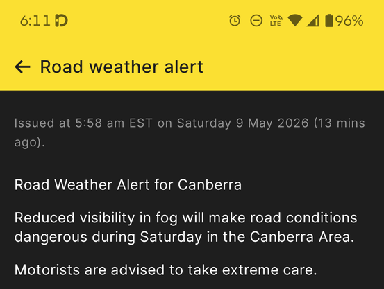 Fog alert for Canberra 