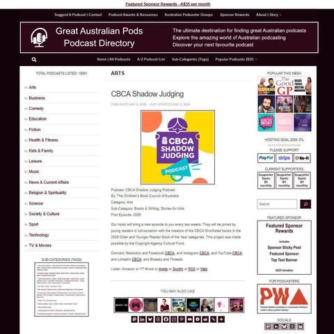 CBCA Shadow Judging Podcast   
Screenshot of the podcast listing on the Great Australian Pods website