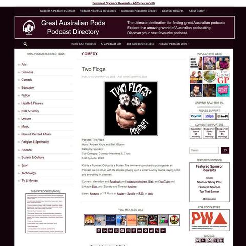 Two Flogs   
Screenshot of the podcast listing on the Great Australian Pods website
