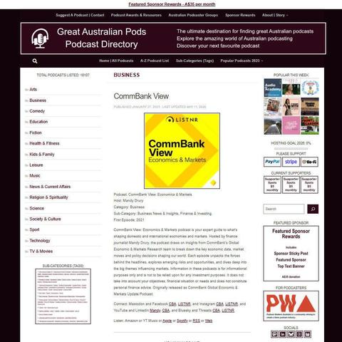 CommBank View: Economics & Markets   
Screenshot of the podcast listing on the Great Australian Pods website