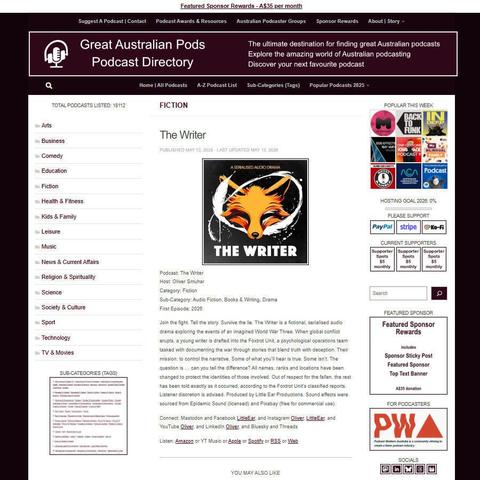 The Writer   
Screenshot of the podcast listing on the Great Australian Pods website