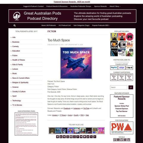 Too Much Space   
Screenshot of the podcast listing on the Great Australian Pods website