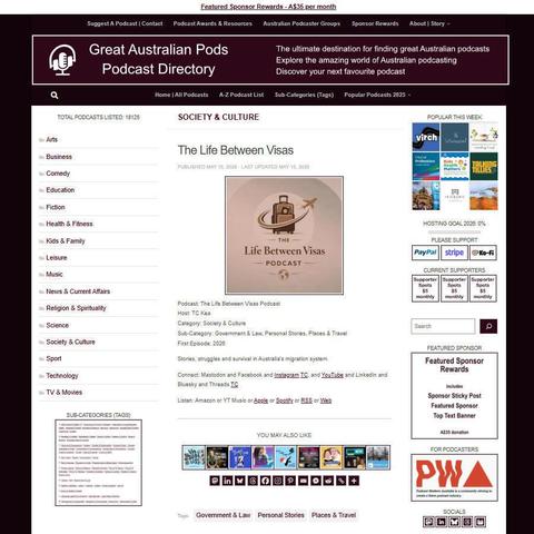 The Life Between Visas Podcast   
Screenshot of the podcast listing on the Great Australian Pods website