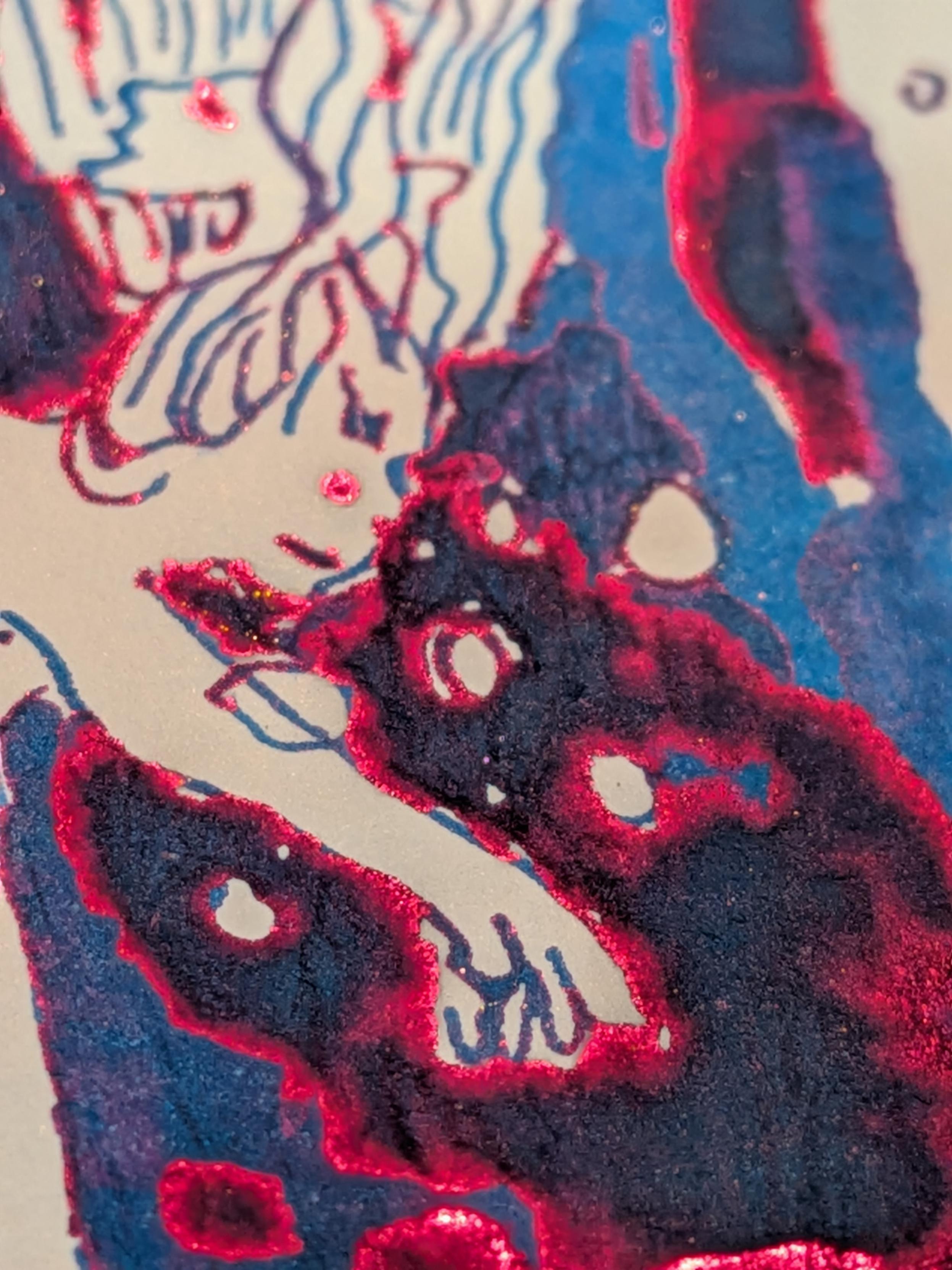 Tilted to catch the light, we can see a lot of shining violet sheen around the edges of the thicker layers, and a close up detail of a merdude reaching out.