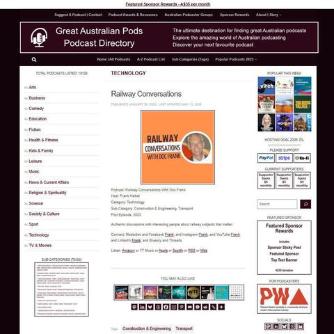 Railway Conversations With Doc Frank   
Screenshot of the podcast listing on the Great Australian Pods website