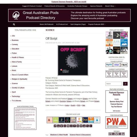 Off Script   
Screenshot of the podcast listing on the Great Australian Pods website