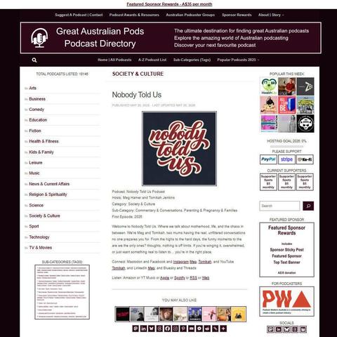 Nobody Told Us Podcast   
Screenshot of the podcast listing on the Great Australian Pods website