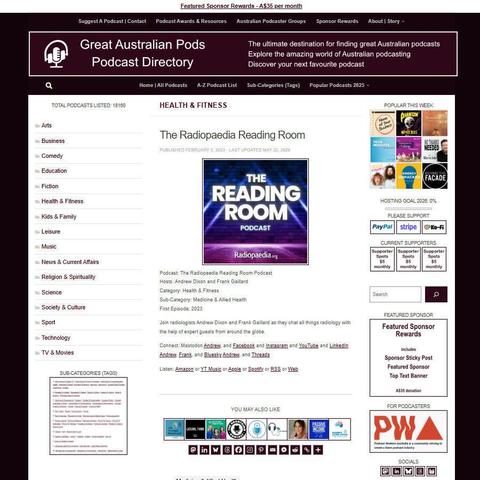The Radiopaedia Reading Room Podcast    
Screenshot of the podcast listing on the Great Australian Pods website
