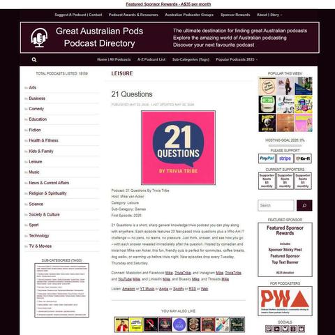21 Questions By Trivia Tribe   
Screenshot of the podcast listing on the Great Australian Pods website