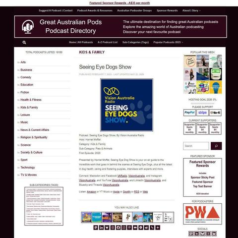 Seeing Eye Dogs Show, By Vision Australia Radio   
Screenshot of the podcast listing on the Great Australian Pods website