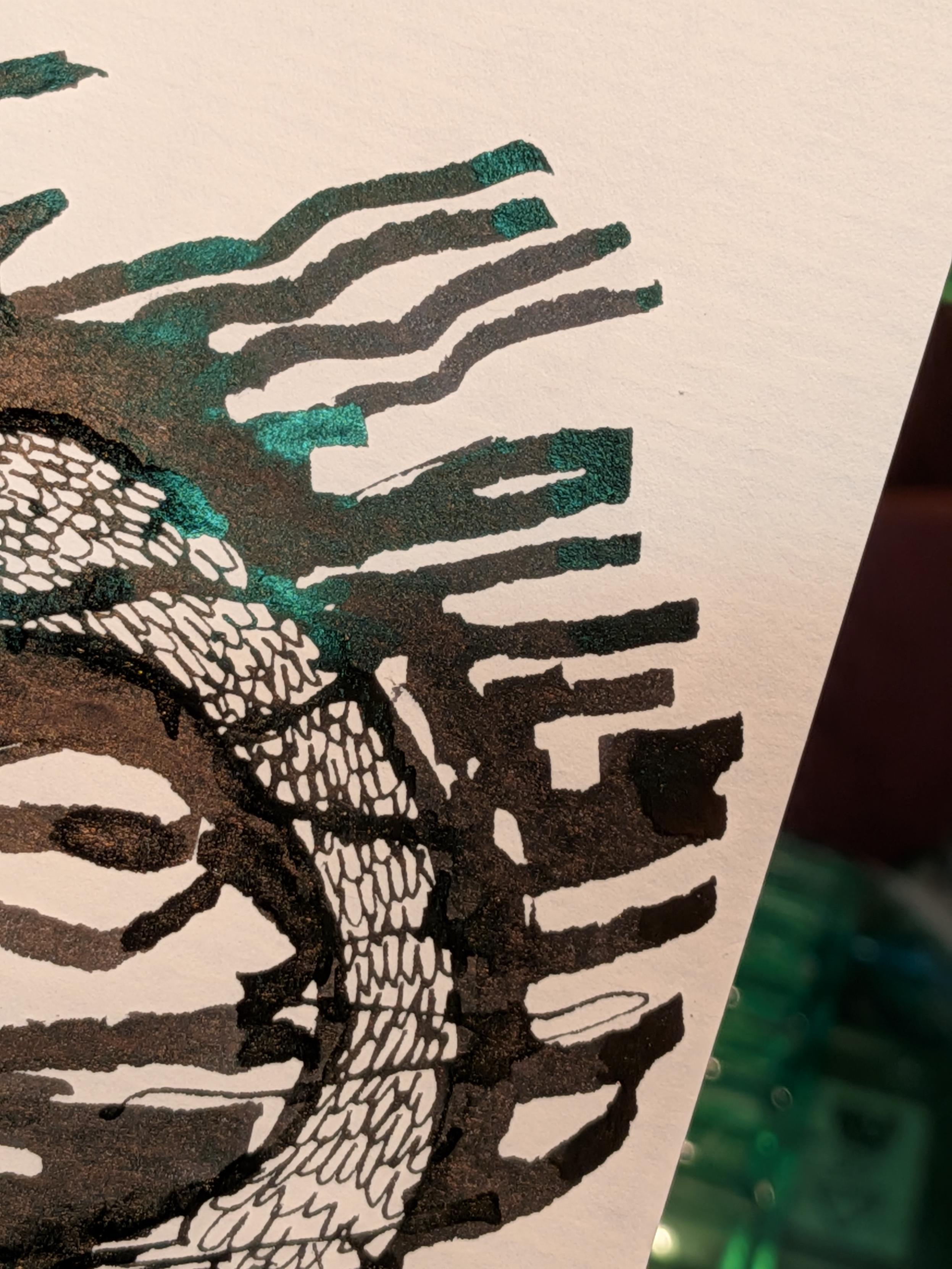 Close  up showing the green sheen of the ink.