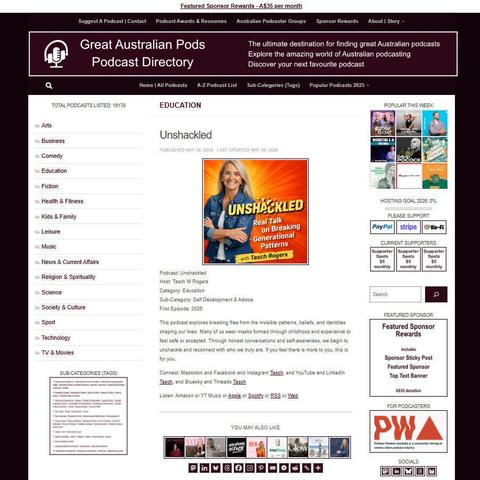 Unshackled   
Screenshot of the podcast listing on the Great Australian Pods website