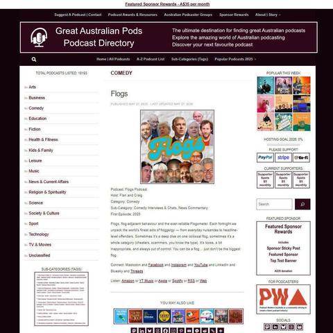 Flogs Podcast   
Screenshot of the podcast listing on the Great Australian Pods website