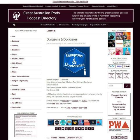 Dungeons & Doctorates   
Screenshot of the podcast listing on the Great Australian Pods website