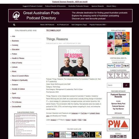 Things. Reasons: The Independent Show For Australian IT leaders (AI, Tech & IT Leadership)   
Screenshot of the podcast listing on the Great Australian Pods website