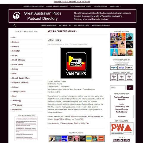 VAN Talks Podcast    
Screenshot of the podcast listing on the Great Australian Pods website