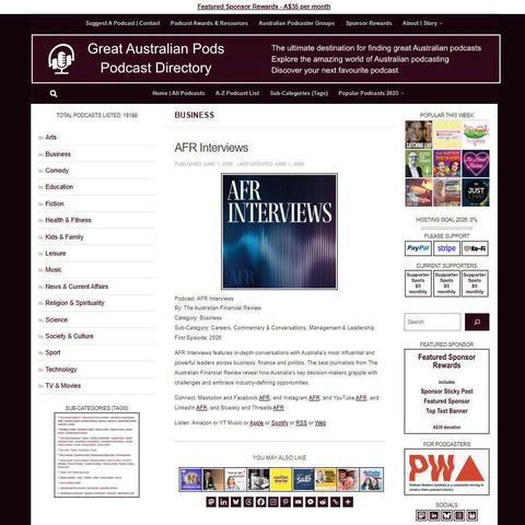 AFR Interviews   
Screenshot of the podcast listing on the Great Australian Pods website