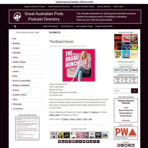 The Brand Hunch   
Screenshot of the podcast listing on the Great Australian Pods website
