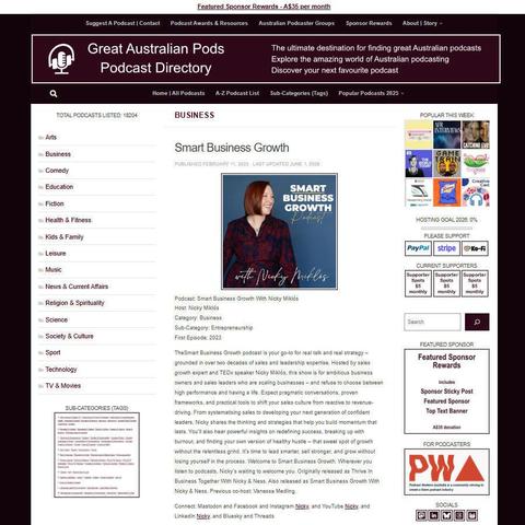 Smart Business Growth With Nicky Miklós   
Screenshot of the podcast listing on the Great Australian Pods website
