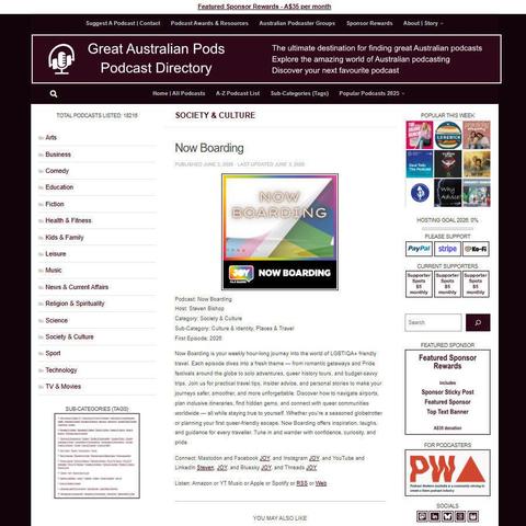 Now Boarding   
Screenshot of the podcast listing on the Great Australian Pods website