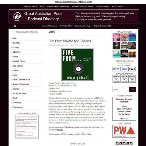 Five From Sevens And Twelves   
Screenshot of the podcast listing on the Great Australian Pods website