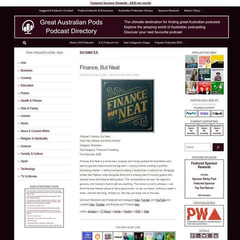 Finance, But Neat   
Screenshot of the podcast listing on the Great Australian Pods website