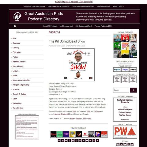 The Kill Boring Dead Show   
Screenshot of the podcast listing on the Great Australian Pods website