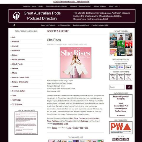 She Rises With Ashy & Tijana
Screenshot of the podcast listing on the Great Australian Pods website